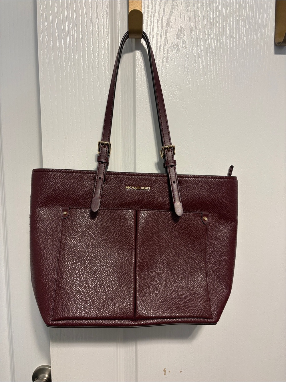 Michael Kors Burgundy Pebbled Leather Tote with Front Pockets